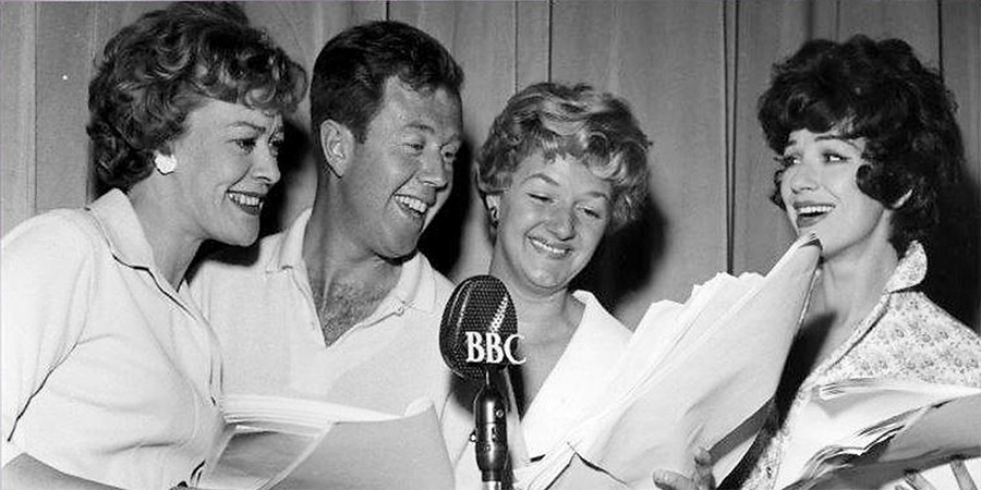 Something To Shout About. Image shows left to right: Maggie (Eleanor Summerfield), Michael (Michael Medwin), Mavis (Joan Sims), Janet (Fenella Fielding). Credit: BBC