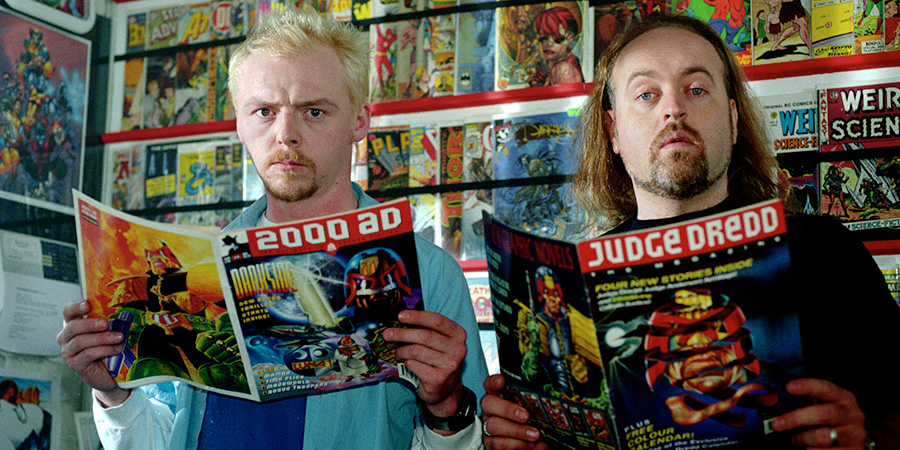 Spaced. Image shows left to right: Tim Bisley (Simon Pegg), Bilbo Bagshot (Bill Bailey). Credit: London Weekend Television