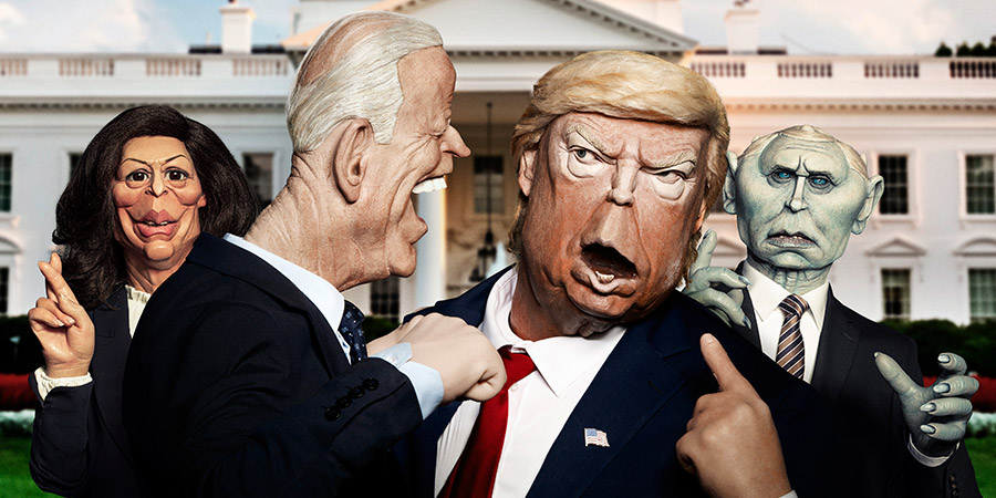 Kamala Harris, Joe Biden, Donald Trump and Vladimir Putin puppets. Copyright: Avalon Television