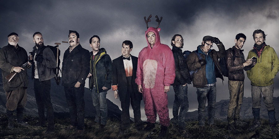 Stag. Image shows from L to R: The Gamekeeper (James Cosmo), Christoph (Christiaan Van Vuuren), Cosmo (Rufus Jones), Wendy (Reece Shearsmith), Ian (Jim Howick), Johnners (Stephen Campbell Moore), Ledge (JJ Feild), Aitken (Tim Key), The Mexican (Amit Shah), Neils (Pilou Asbæk). Copyright: BBC / Idiotlamp