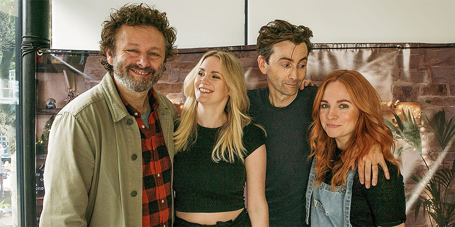 Staged. Image shows left to right: Michael (Michael Sheen), Anna (Anna Lundberg), David (David Tennant), Georgia (Georgia Tennant)