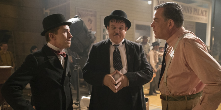 Stan & Ollie. Image shows from L to R: Stan Laurel (Steve Coogan), Oliver Hardy (John C. Reilly), Hal Roach (Danny Huston)