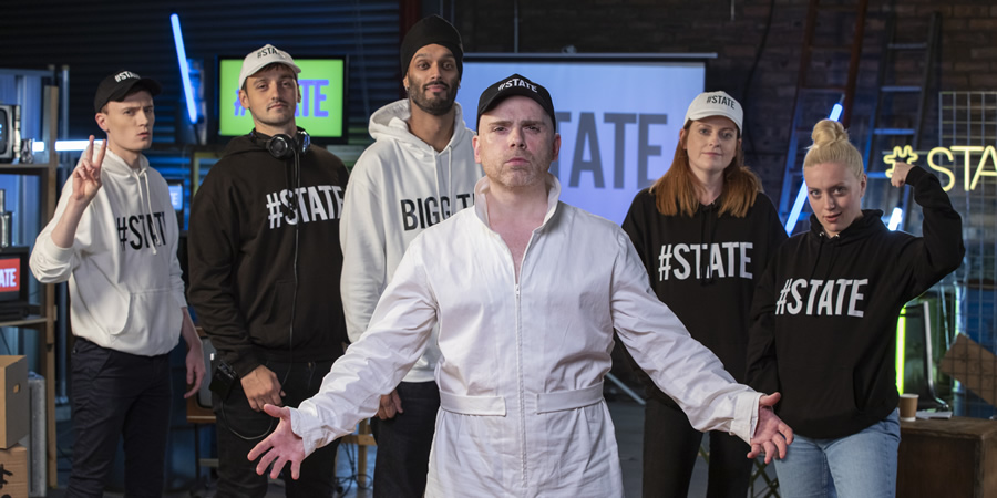 The State Of It. Image shows from L to R: Nathan Byrne, Joe Hullait, Bigg Taj, Robert Florence, Susan Riddell, Rachel Jackson. Copyright: The Comedy Unit