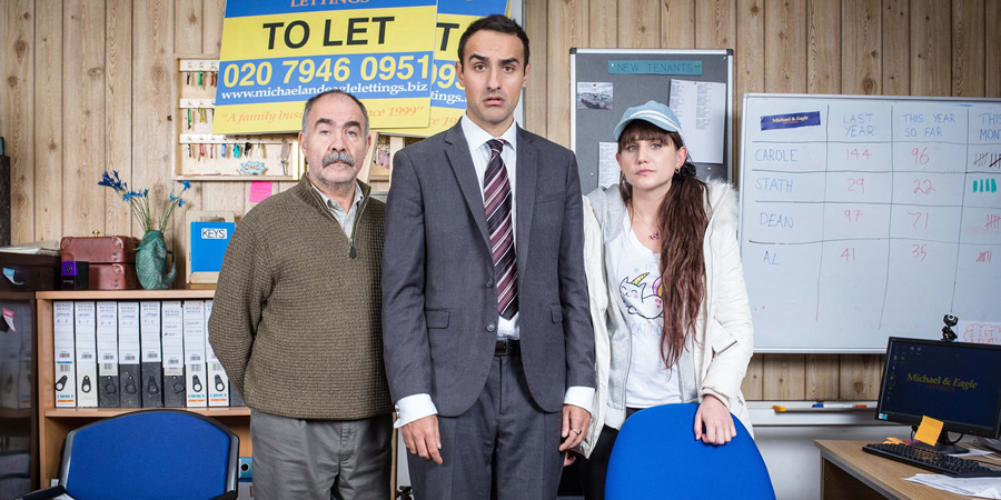 Stath Lets Flats. Image shows from L to R: Vasos (Christos Stergioglou), Stath (Jamie Demetriou), Sophie (Natasia Demetriou). Copyright: Roughcut Television