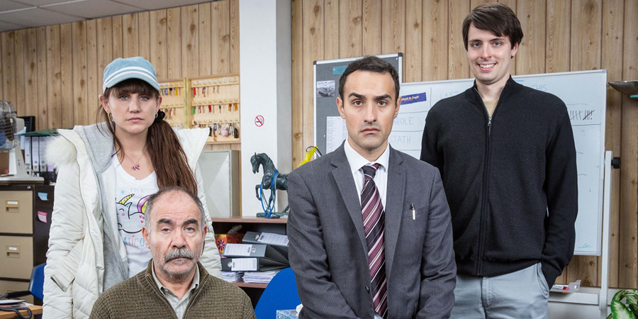 Stath Lets Flats. Image shows from L to R: Sophie (Natasia Demetriou), Vasos (Christos Stergioglou), Stath (Jamie Demetriou), Al (Alastair Roberts). Copyright: Roughcut Television