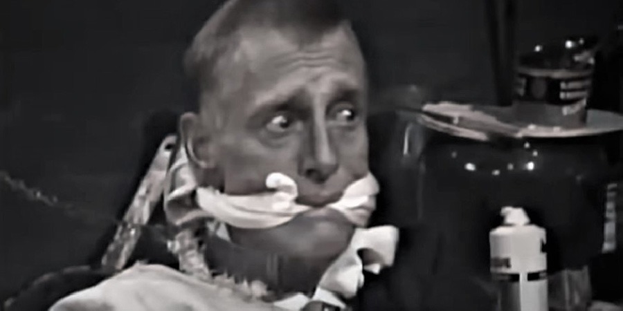 Albert Steptoe, gagged in Series 3, Episode 6, The Bonds That Bind Us. Albert Steptoe (Wilfrid Brambell). Credit: BBC