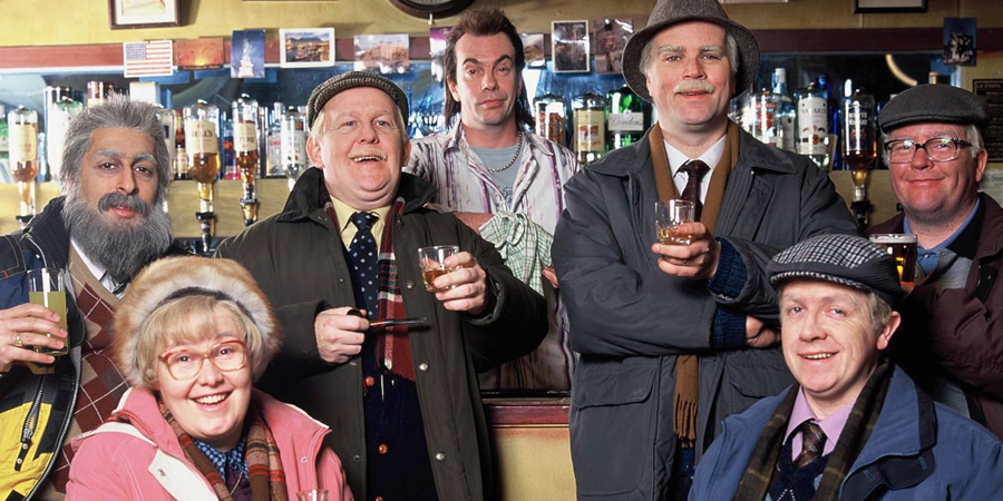 Still Game. Image shows from L to R: Navid Harrid (Sanjeev Kohli), Isa Drennan (Jane McCarry), Jack Jarvis (Ford Kiernan), Boabby (Gavin Mitchell), Victor McDade (Greg Hemphill), Tam Mullen (Mark Cox), Winston Ingram (Paul Riley)