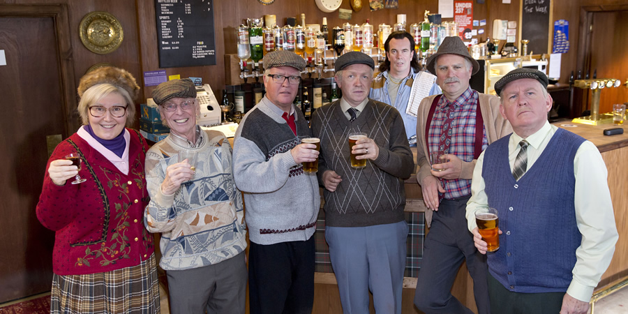 Still Game. Image shows from L to R: Isa Drennan (Jane McCarry), Eric (James Martin), Winston Ingram (Paul Riley), Tam Mullen (Mark Cox), Boabby (Gavin Mitchell), Victor McDade (Greg Hemphill), Jack Jarvis (Ford Kiernan)