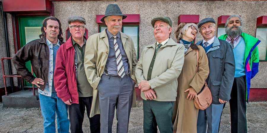 Still Game. Image shows from L to R: Boabby (Gavin Mitchell), Winston Ingram (Paul Riley), Victor McDade (Greg Hemphill), Jack Jarvis (Ford Kiernan), Isa Drennan (Jane McCarry), Tam Mullen (Mark Cox), Navid Harrid (Sanjeev Kohli)