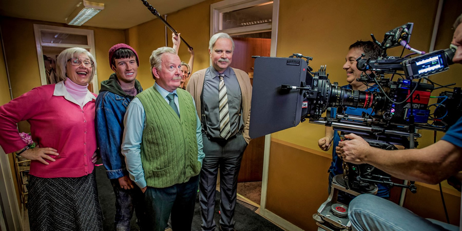 Still Game. Image shows from L to R: Isa Drennan (Jane McCarry), Pete The Jakey (Jake D'Arcy), Jack Jarvis (Ford Kiernan), Victor McDade (Greg Hemphill)