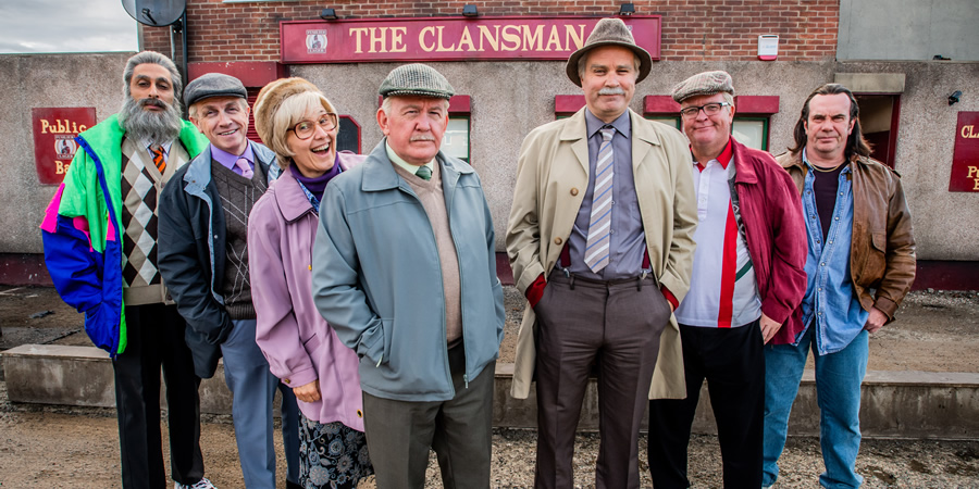 Still Game. Image shows from L to R: Navid Harrid (Sanjeev Kohli), Tam Mullen (Mark Cox), Isa Drennan (Jane McCarry), Jack Jarvis (Ford Kiernan), Victor McDade (Greg Hemphill), Winston Ingram (Paul Riley), Boabby (Gavin Mitchell)