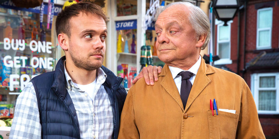 Still Open All Hours. Image shows from L to R: Leroy (James Baxter), Granville (David Jason). Copyright: BBC