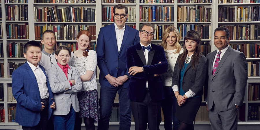 Child Genius v Celebrities: Stand Up To Cancer special 2016. Image shows from L to R: Richard Osman, Alan Carr, Rachel Riley, Aisling Bea, Krishnan Guru-Murthy