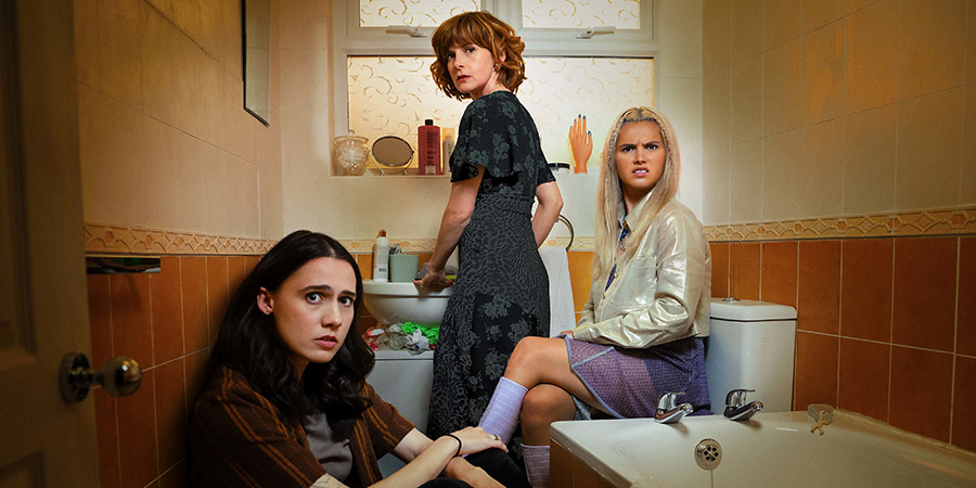 Such Brave Girls. Image shows left to right: Josie (Kat Sadler), Deb (Louise Brealey), Billie (Lizzie Davidson)