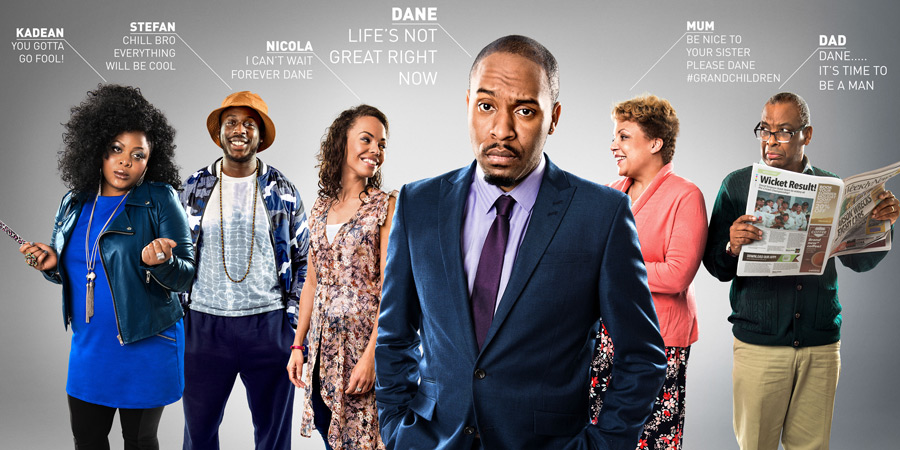 Sunny D. Image shows from L to R: Kadean (Gbemisola Ikumelo), Stefan (David Ajao), Nicola (Sasha Frost), Dane (Dane Baptiste), Gloria (Liz Hume-Dawson), Lawrence (Don Warrington). Copyright: BBC