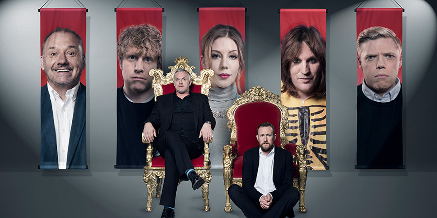 Taskmaster. Image shows from L to R: Bob Mortimer, Josh Widdicombe, Greg Davies, Katherine Ryan, Alex Horne, Noel Fielding, Rob Beckett. Copyright: Avalon Television