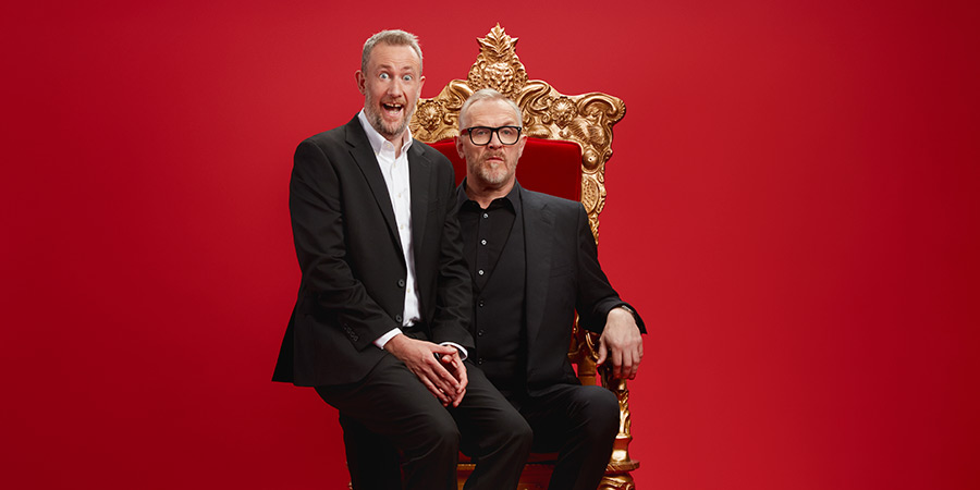 Taskmaster. Image shows left to right: Alex Horne, Greg Davies