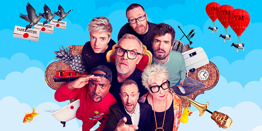 Taskmaster. Image shows left to right: Kiell Smith-Bynoe, Mae Martin, Greg Davies, Alex Horne, Frankie Boyle, Jenny Eclair, Ivo Graham