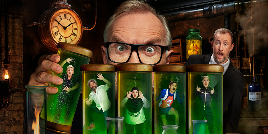 Taskmaster. Image shows left to right: Rosie Ramsey, Jason Mantzoukas, Greg Davies, Fatiha El-Ghorri, Mathew Baynton, Stevie Martin, Alex Horne