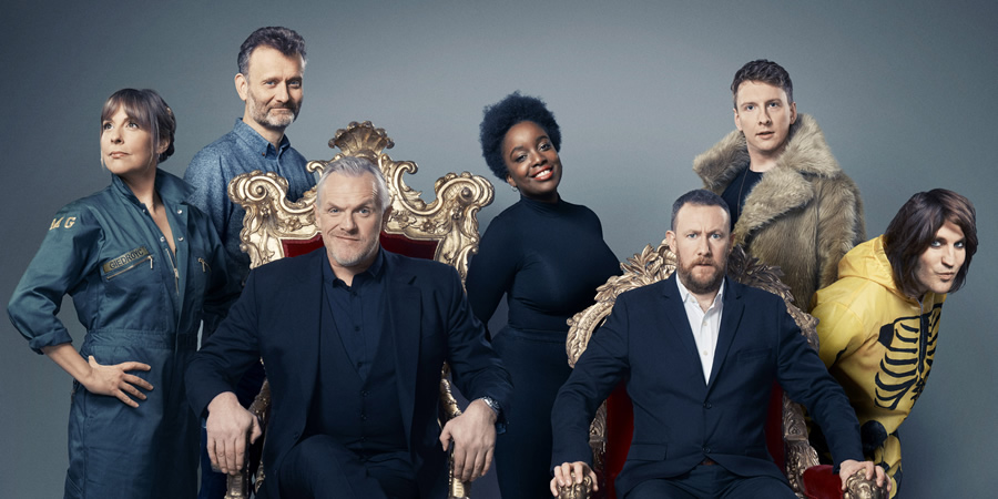 Taskmaster. Image shows from L to R: Mel Giedroyc, Hugh Dennis, Greg Davies, Lolly Adefope, Alex Horne, Joe Lycett, Noel Fielding. Copyright: Avalon Television