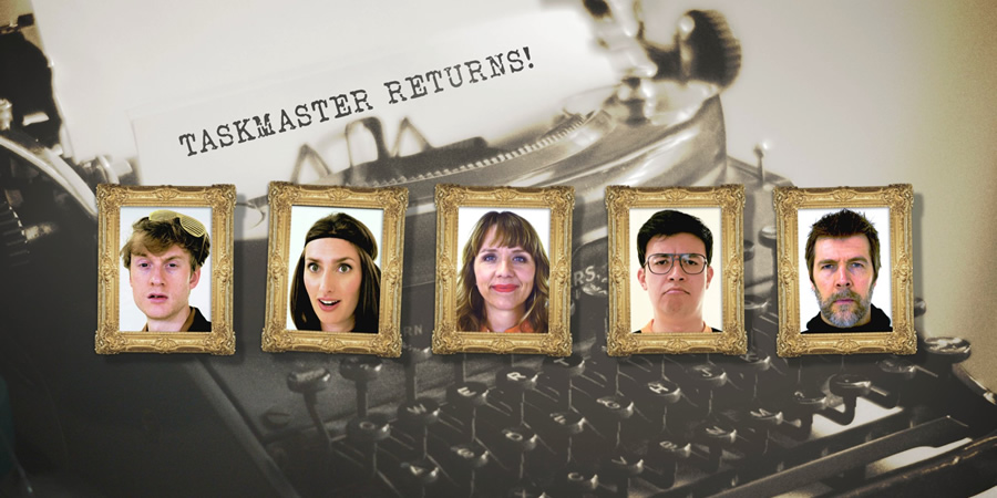 Taskmaster. Image shows from L to R: James Acaster, Jessica Knappett, Phil Wang, Kerry Godliman, Rhod Gilbert. Copyright: Avalon Television