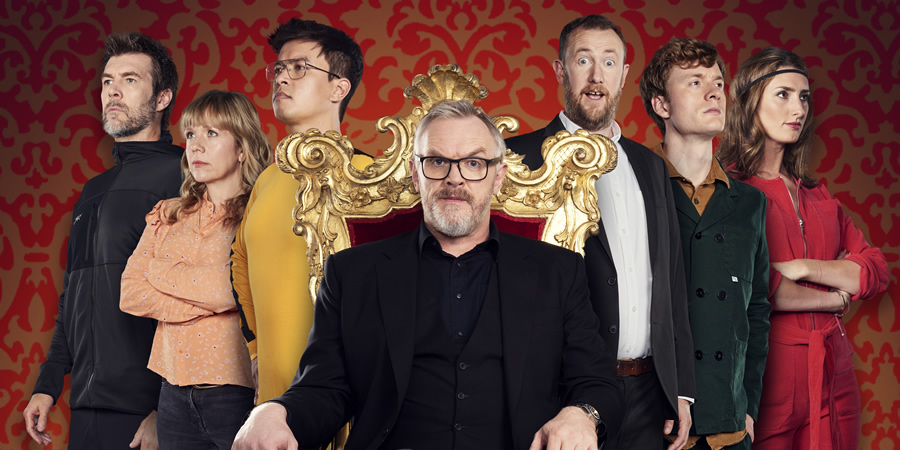 Taskmaster. Image shows from L to R: Rhod Gilbert, Kerry Godliman, Phil Wang, Greg Davies, Alex Horne, James Acaster, Jessica Knappett. Copyright: Avalon Television