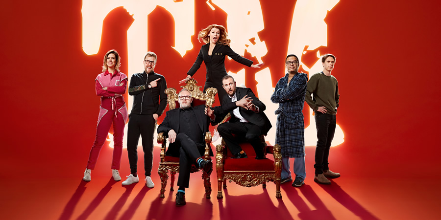 Taskmaster. Image shows from L to R: Lou Sanders, Iain Stirling, Greg Davies, Sian Gibson, Alex Horne, Paul Sinha, Joe Thomas. Copyright: Avalon Television