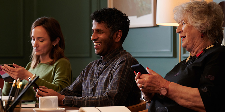 Ten Percent. Image shows left to right: Rebecca Fox (Lydia Leonard), Dan Bala (Prasanna Puwanarajah), Stella Hart (Maggie Steed)