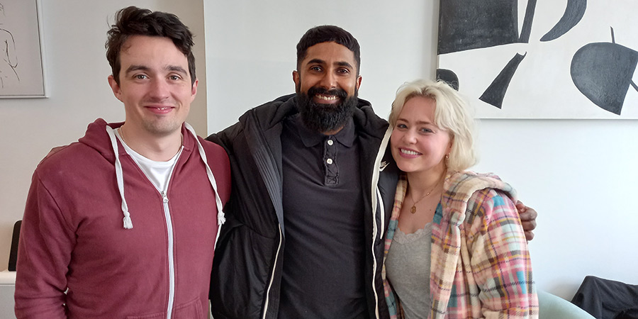 Testers. Image shows left to right: Noah (Dario Coates), Anup (Neil Patel), Bianca (Eve Gordon)