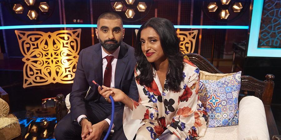 The Tez O'Clock Show. Image shows from L to R: Tez Ilyas, Sindhu Vee