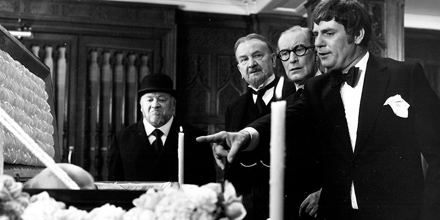 That's Your Funeral. Image shows left to right: Jenkins (Tommy Mann), Emmanuel Holroyd (Raymond Huntley), Simmonds (Richard Wattis), Smallbody (John Ronane). Credit: ITV, Hammer Film Productions