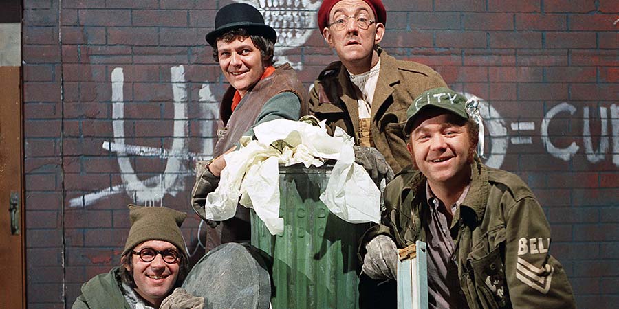 The Dustbinmen. Image shows from L to R: Eric (Tim Wylton), Heavy Breathing (Trevor Bannister), Cheese and Egg (Bryan Pringle), Winston Platt (Graham Haberfield). Copyright: Granada Television