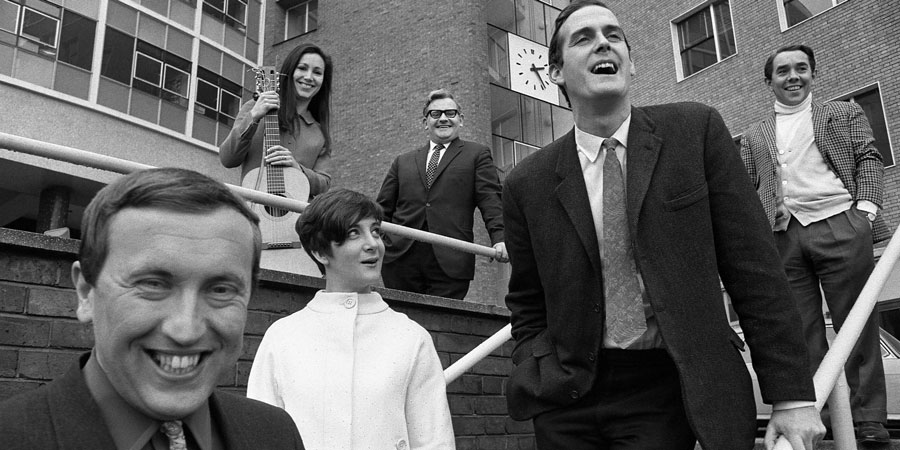 The Frost Report. Image shows left to right: David Frost, Julie Felix, Sheila Steafel, Ronnie Barker, John Cleese, Ronnie Corbett. Credit: BBC