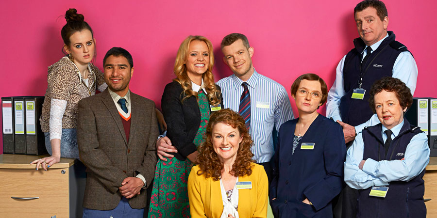 The Job Lot. Image shows from L to R: Bryony (Sophie McShera), Ash (Nick Mohammed), Natalie (Laura Aikman), Trish (Sarah Hadland), Karl (Russell Tovey), Angela (Jo Enright), Paul (Martin Marquez), Janette (Angela Curran). Copyright: Big Talk Productions