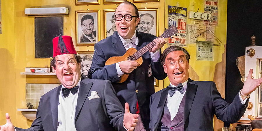 Tommy Cooper, Eric Morecambe and Bob Monkhouse together in The Last Laugh on stage. Image shows left to right: Damian Williams, Bob Golding, Simon Cartwright