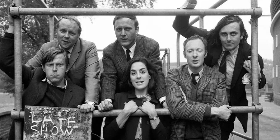 The Late Show. Image shows left to right: John Wells, John Bird, Andrew Duncan, Eleanor Bron, Anthony Holland, Barry Humphries. Credit: BBC