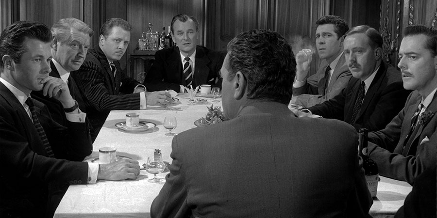 The League Of Gentlemen. Image shows from L to R: Captain Porthill (Bryan Forbes), 'Padre' Mycroft (Roger Livesey), Lieutenant Edward Lexy (Richard Attenborough), Major Peter Graham Race (Nigel Patrick), John George Norman Hyde (Jack Hawkins), Friend Stevens (Kieron Moore), Captain Weaver (Norman Bird), Major Rupert Smith (Terence Alexander). Copyright: Rank Organisation