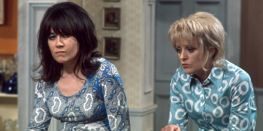 The Liver Birds. Image shows from L to R: Sandra Hutchinson (Nerys Hughes), Beryl Hennessey (Polly James). Copyright: BBC
