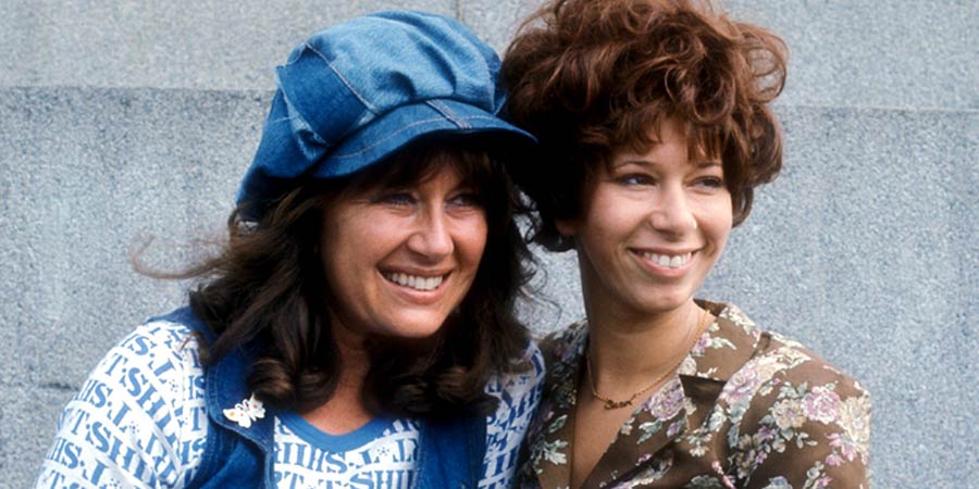 The Liver Birds. Image shows left to right: Sandra Hutchinson (Nerys Hughes), Carol Boswell (Elizabeth Estensen). Credit: BBC