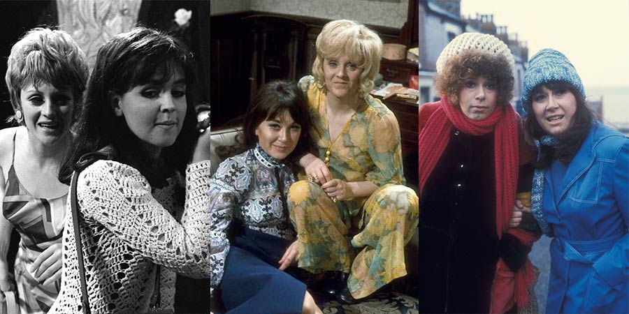 The three Liver Birds flatmate duos. Image shows from L to R: Beryl Hennessey (Polly James), Dawn (Pauline Collins), Sandra Hutchinson (Nerys Hughes), Carol Boswell (Elizabeth Estensen). Copyright: BBC