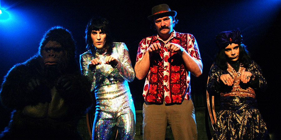 The Mighty Boosh. Image shows from L to R: Bollo (Dave Brown), Vince Noir (Noel Fielding), Howard Moon (Julian Barratt), Naboo (Michael Fielding). Copyright: Baby Cow Productions