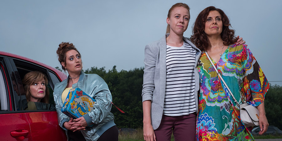 The Other One. Image shows from L to R: Marilyn (Siobhan Finneran), Cat (Lauren Socha), Cathy (Ellie White), Tess (Rebecca Front). Copyright: Tiger Aspect Productions