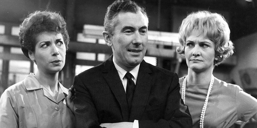 The Rag Trade. Image shows from L to R: Paddy Fleming (Miriam Karlin), Harold Fenner (Peter Jones), Carole Taylor (Sheila Hancock). Copyright: BBC