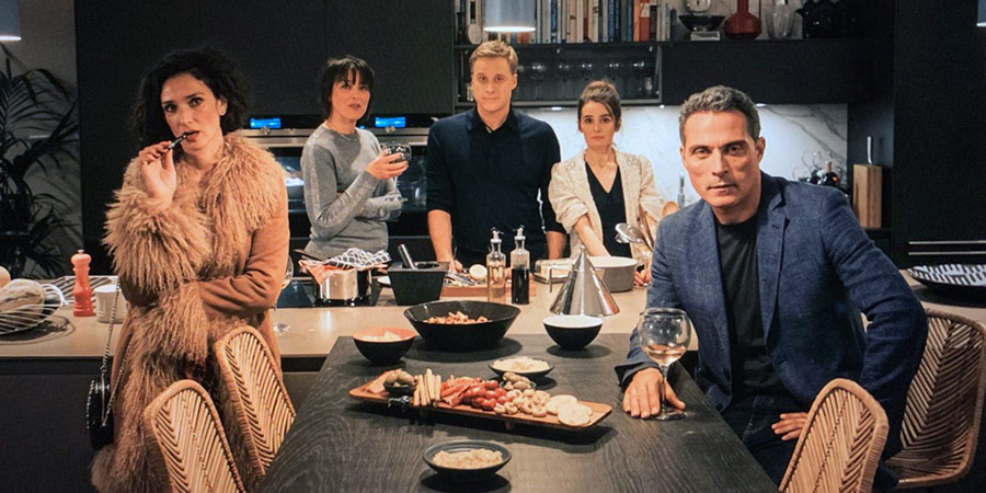 The Trouble With Jessica. Image shows left to right: Jessica (Indira Varma), Beth (Olivia Williams), Tom (Alan Tudyk), Sarah (Shirley Henderson), Richard (Rufus Sewell)