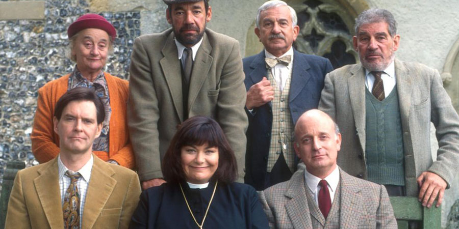 The Vicar Of Dibley. Image shows from L to R: Hugo Horton (James Fleet), Letitia Cropley (Liz Smith), Owen Newitt (Roger Lloyd Pack), Geraldine Grainger (Dawn French), Frank Pickle (John Bluthal), David Horton (Gary Waldhorn), Jim Trott (Trevor Peacock). Copyright: Tiger Aspect Productions