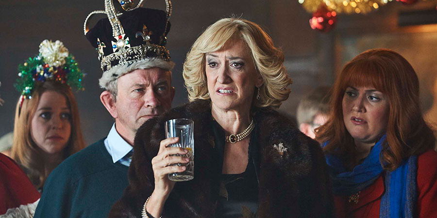 The Windsors. Image shows from L to R: Beatrice (Ellie White), Charles (Harry Enfield), Camilla (Haydn Gwynne), Fergie (Katy Wix). Copyright: Noho Film and TV