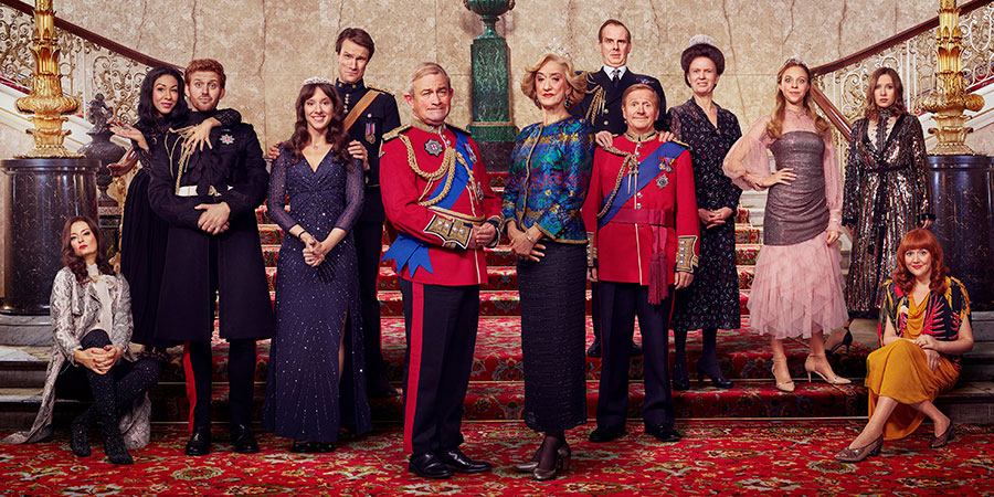 The Windsors. Image shows from L to R: Pippa (Morgana Robinson), Meghan Markle (Kathryn Drysdale), Harry (Tom Durant-Pritchard), Kate (Louise Ford), Wills (Hugh Skinner), Charles (Harry Enfield), Camilla (Haydn Gwynne), Andrew (Tim Wallers), Edward (Matthew Cottle), Princess Anne (Vicki Pepperdine), Beatrice (Ellie White), Eugenie (Celeste Dring), Fergie (Katy Wix). Copyright: Noho Film and TV
