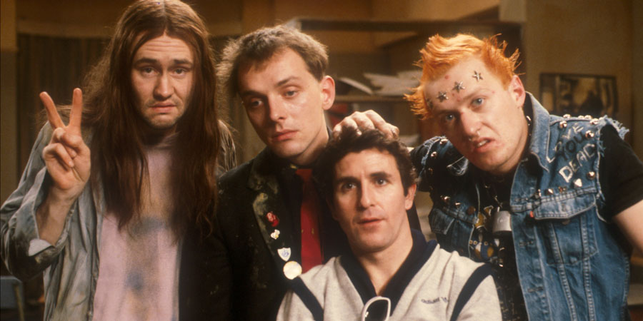 The Young Ones. Image shows from L to R: Neil (Nigel Planer), Rick (Rik Mayall), Mike (Christopher Ryan), Vyvyan (Adrian Edmondson). Copyright: BBC