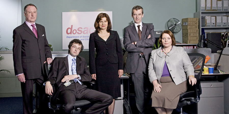 The Thick Of It. Image shows from L to R: Glenn Cullen (James Smith), Oliver Reeder (Chris Addison), Nicola Murray (Rebecca Front), Malcolm Tucker (Peter Capaldi), Terri Coverley (Joanna Scanlan). Copyright: BBC