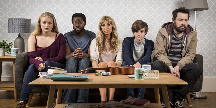 Uncle. Image shows from L to R: Tiffany (Jorja Rutherford), Bruce (Daniel Lawrence Taylor), Sam (Daisy Haggard), Errol (Elliot Speller-Gillott), Andy (Nick Helm). Copyright: Baby Cow Productions